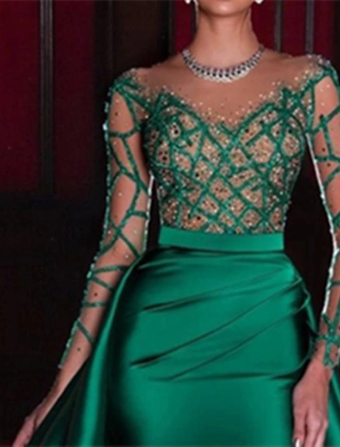 Mermaid Evening Gown Luxurious Dress Carnival Red Green Dress Court Train Long Sleeve Jewel Neck Satin with Rhinestone Appliques
