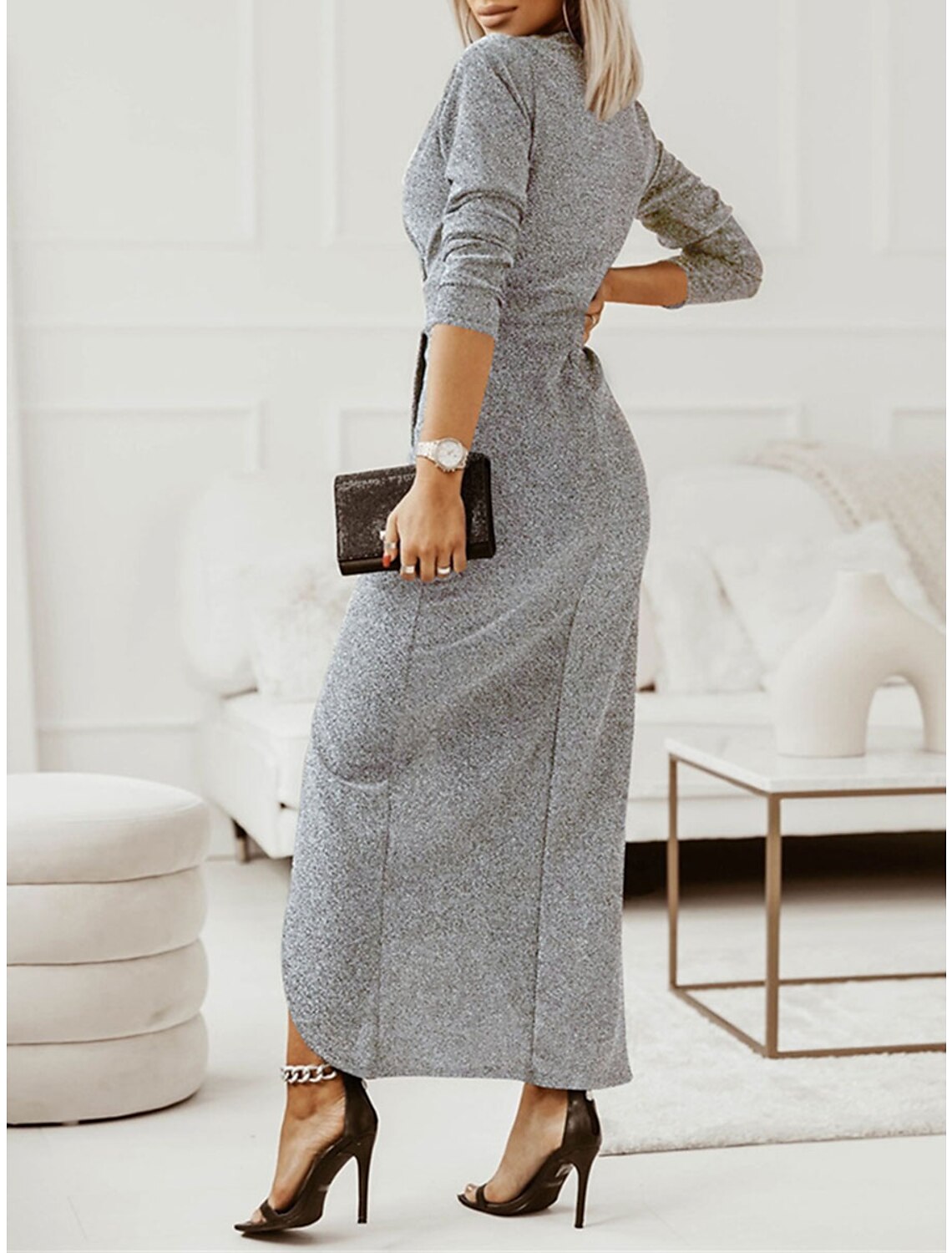 Women's Prom Dress Party Dress Wedding Guest Dress Long Dress Maxi Dress Silver Black Gold Long Sleeve Pure Color Ruched Fall Winter Autumn V Neck Fashion Winter Dress Birthday Evening Party