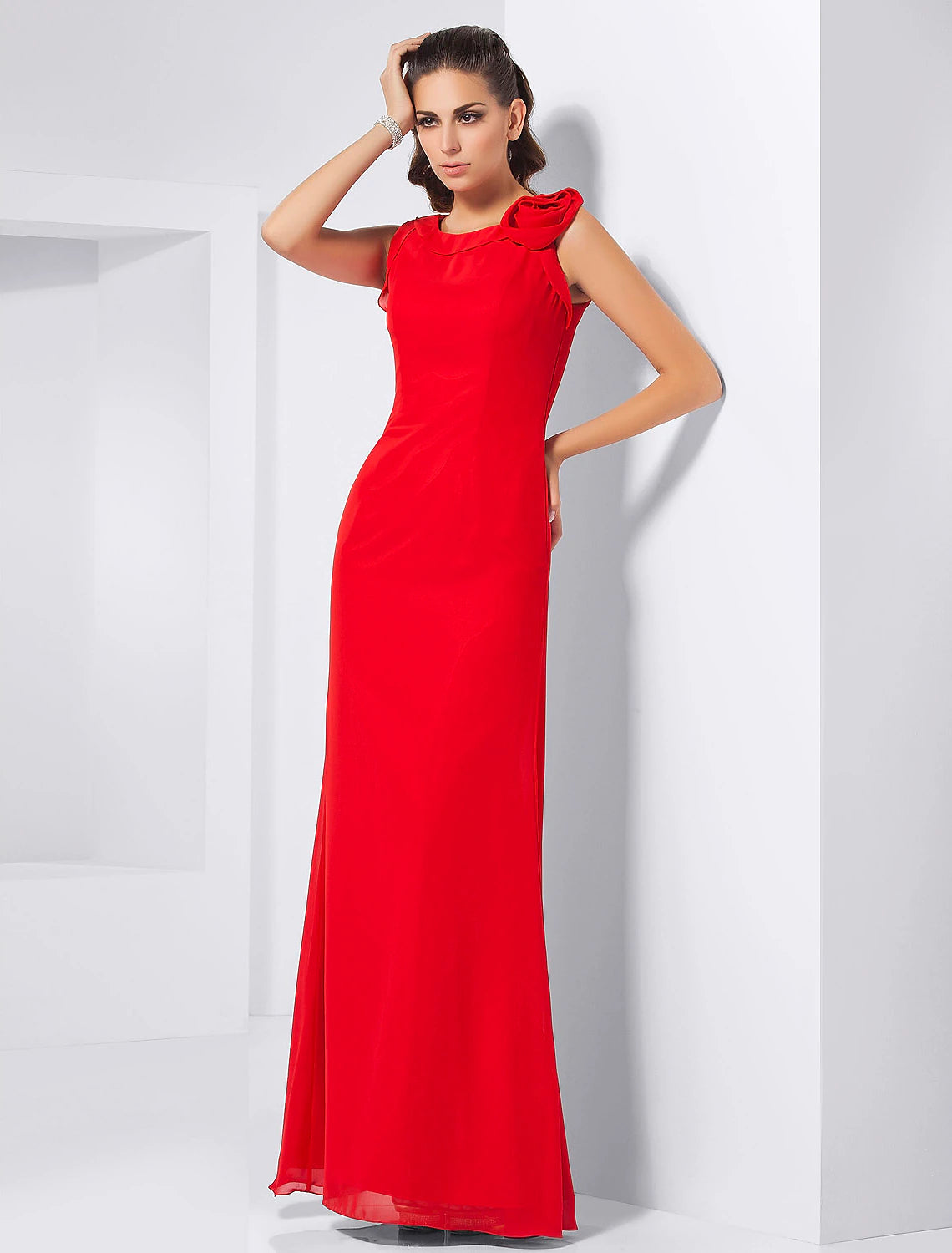 Sheath / Column Celebrity Style Minimalist Elegant Prom Formal Evening Military Ball Dress Jewel Neck Sleeveless Floor Length Chiffon with Flower