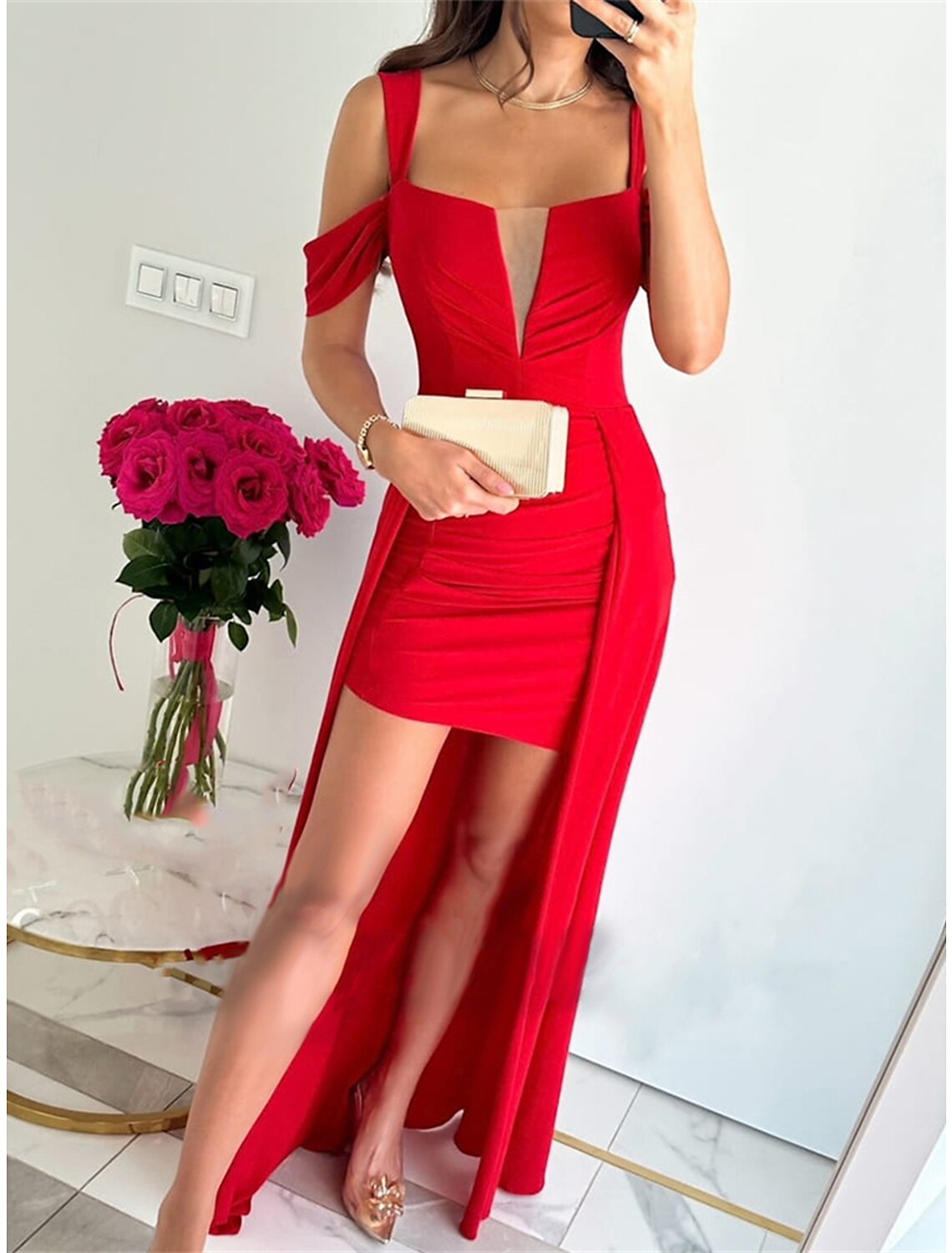 Women's Prom Dress Party Dress New Year's Eve Dress Bodycon Long Dress Maxi Dress Red Sleeveless Mesh Spring Fall Winter Square Neck Christmas Wedding Guest Birthday