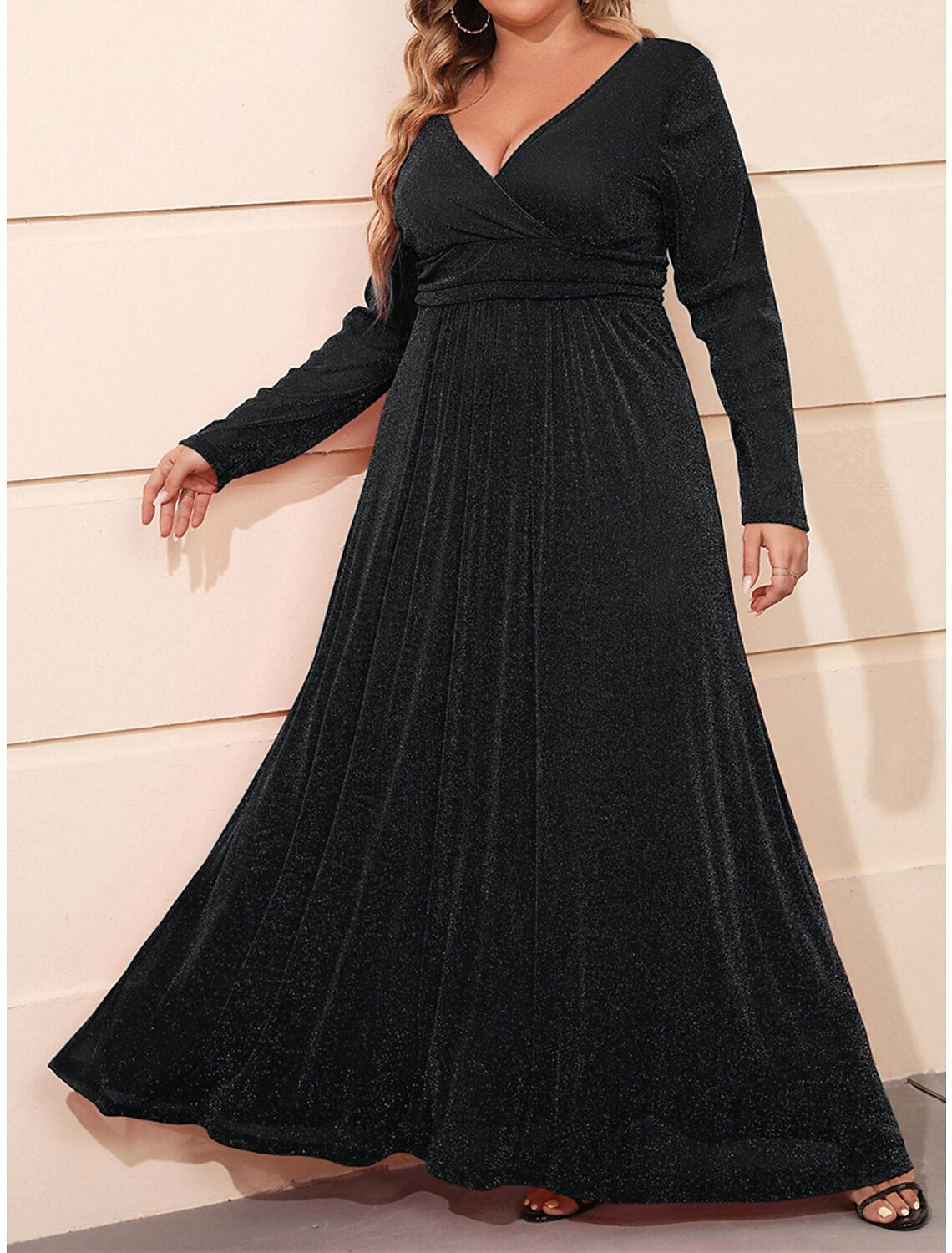 Women's Plus Size Black Dress Prom Dress Party Dress Long Dress Maxi Dress Black Red Long Sleeve Plain Mesh Summer Spring Fall V Neck Elegant Wedding Guest Birthday Evening Party