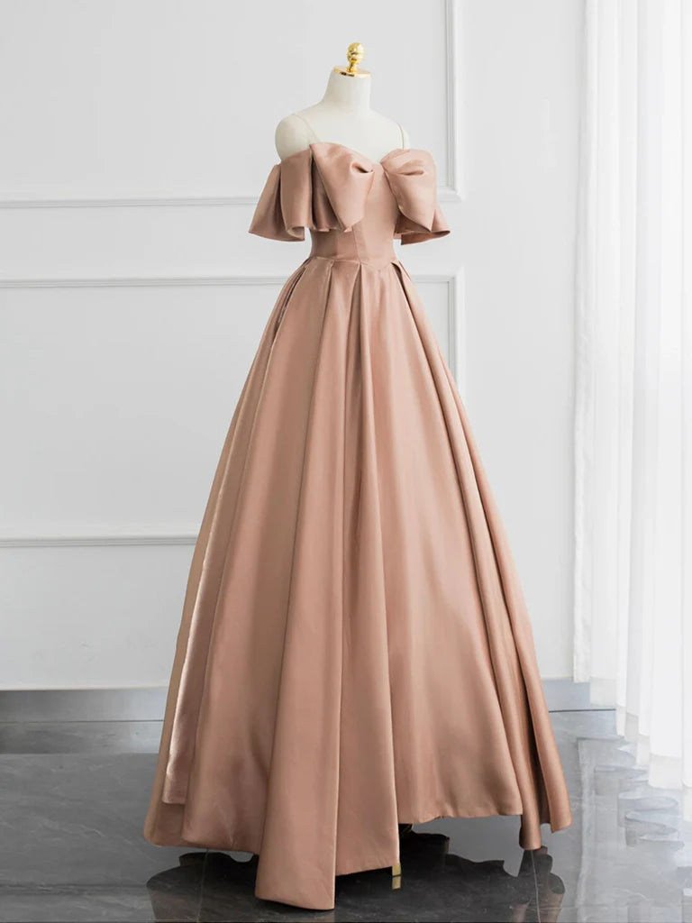 Buyishang Champagne A-Line Off Shoulder Satin Long Prom Dress Champagne Formal Dress