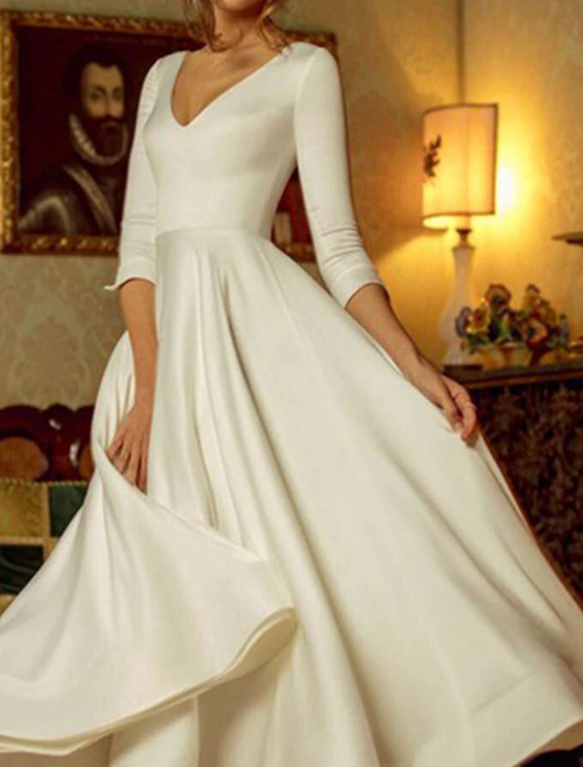 Women‘s Party Dress Wedding Guest Dress Swing Dress White Dress Long Dress Maxi Dress White 3/4 Length Sleeve Pure Color Patchwork Winter Fall Autumn V Neck Elegant Evening Party