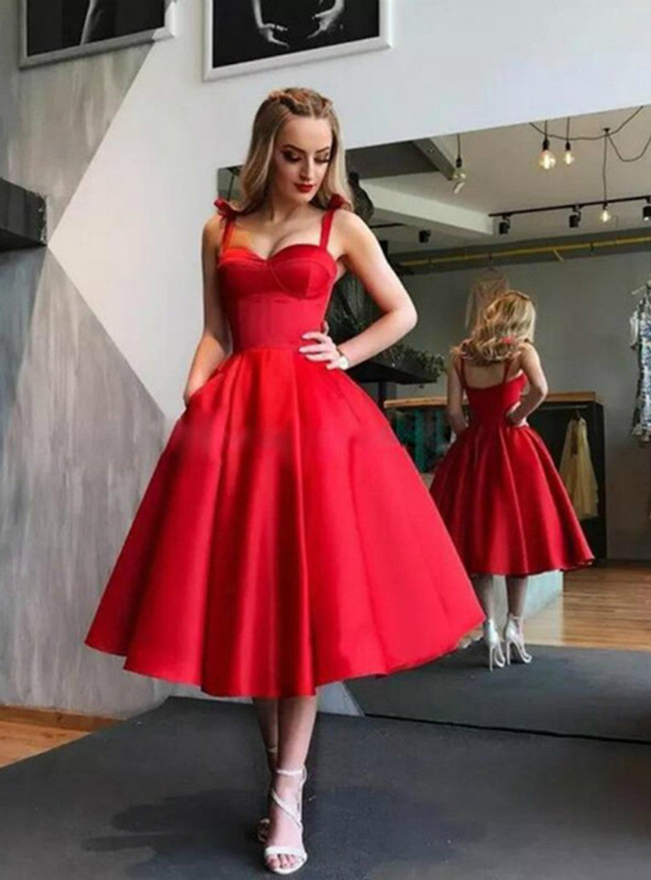 A-Line Red Satin Straps Tea Length Prom Dress With