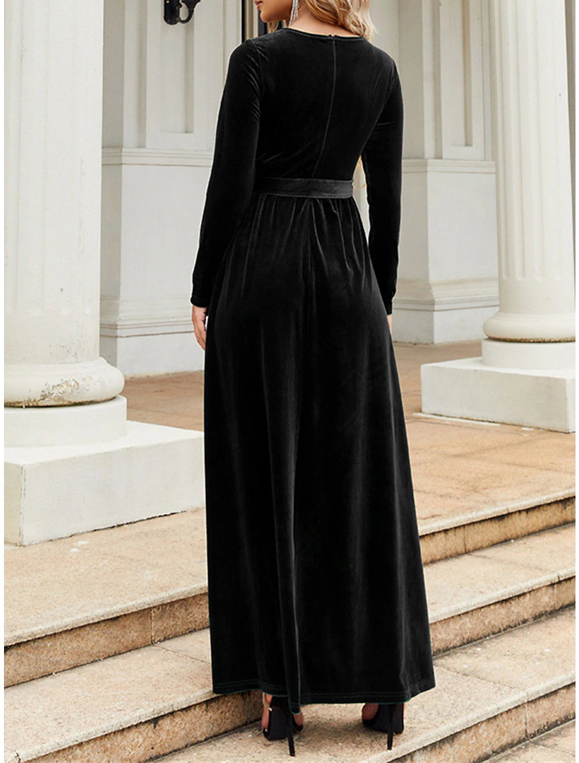 Women's Black Dress Velvet Dress Prom Dress Long Dress Maxi Dress Black Wine Blue Long Sleeve Pure Color Lace up Fall Winter Autumn Crew Neck Fashion Winter Dress Christmas Wedding Guest