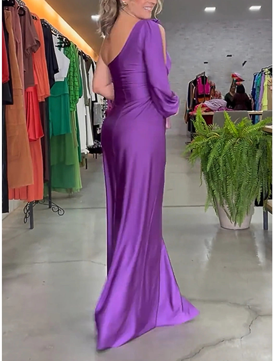 Women's Prom Dress Party Dress Satin Dress Long Dress Maxi Dress Purple Long Sleeve Pure Color Ruched Spring Fall Winter One Shoulder Fashion Winter Dress Evening Party Wedding Guest
