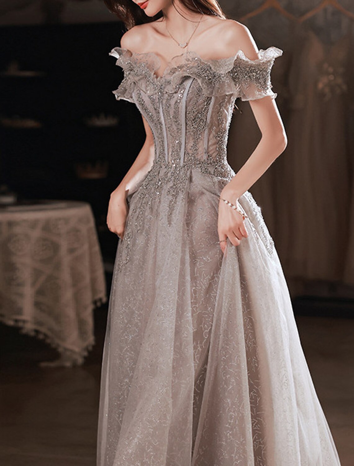 A-Line Sparkle & Shine Prom Formal Evening Dress Off Shoulder Short Sleeve Floor Length Polyester with Sequin Ruffles