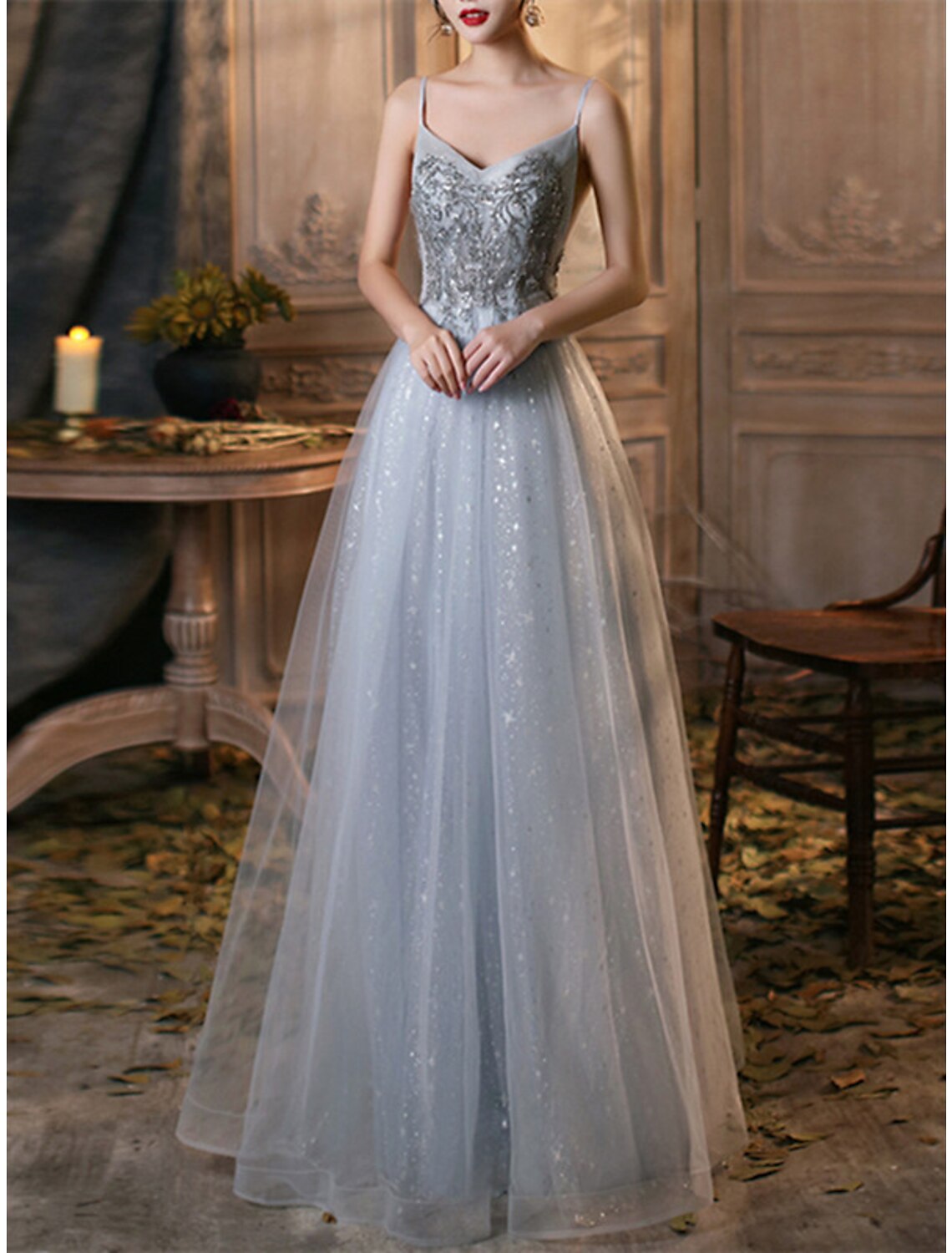 A-Line Sparkle Elegant Prom Formal Evening Dress V Neck Sleeveless Floor Length Tulle with Pleats Beading