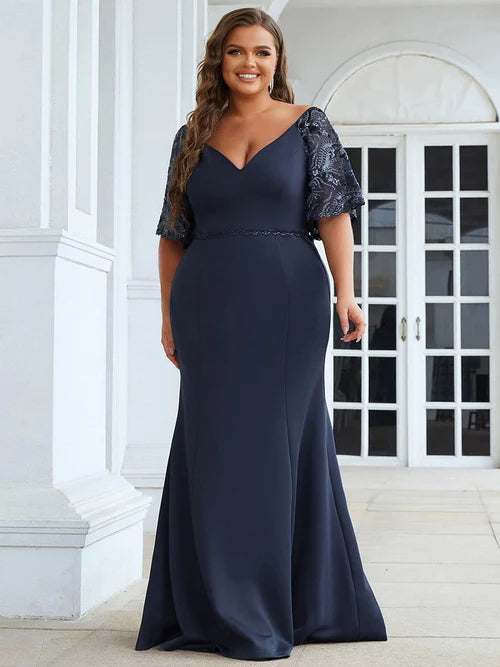 Elegant Plus Size V Neck Fishtail Evening Dress for Women