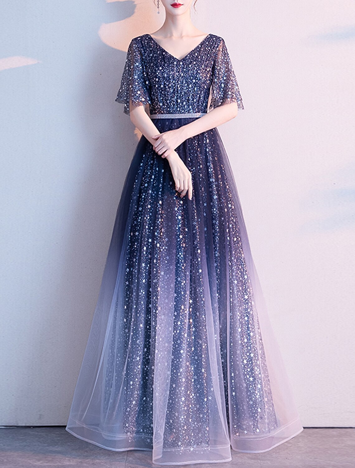 A-Line Evening Gown Glittering Dress Wedding Guest Prom Floor Length Half Sleeve V Neck Tulle with Sash / Ribbon Pleats Sequin