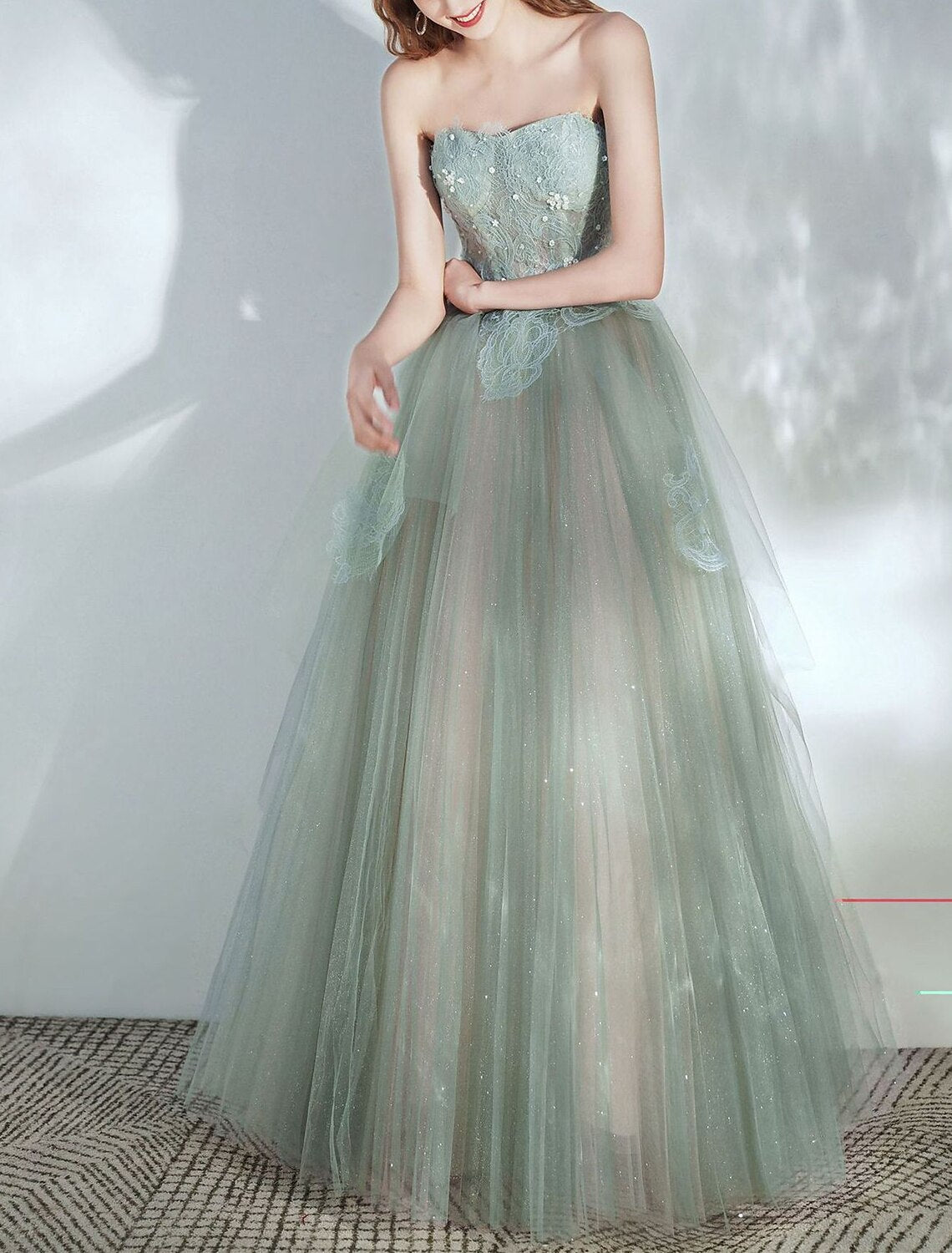 A-Line Party Dresses Glittering Dress Prom Birthday Floor Length Sleeveless Strapless Tulle with Glitter