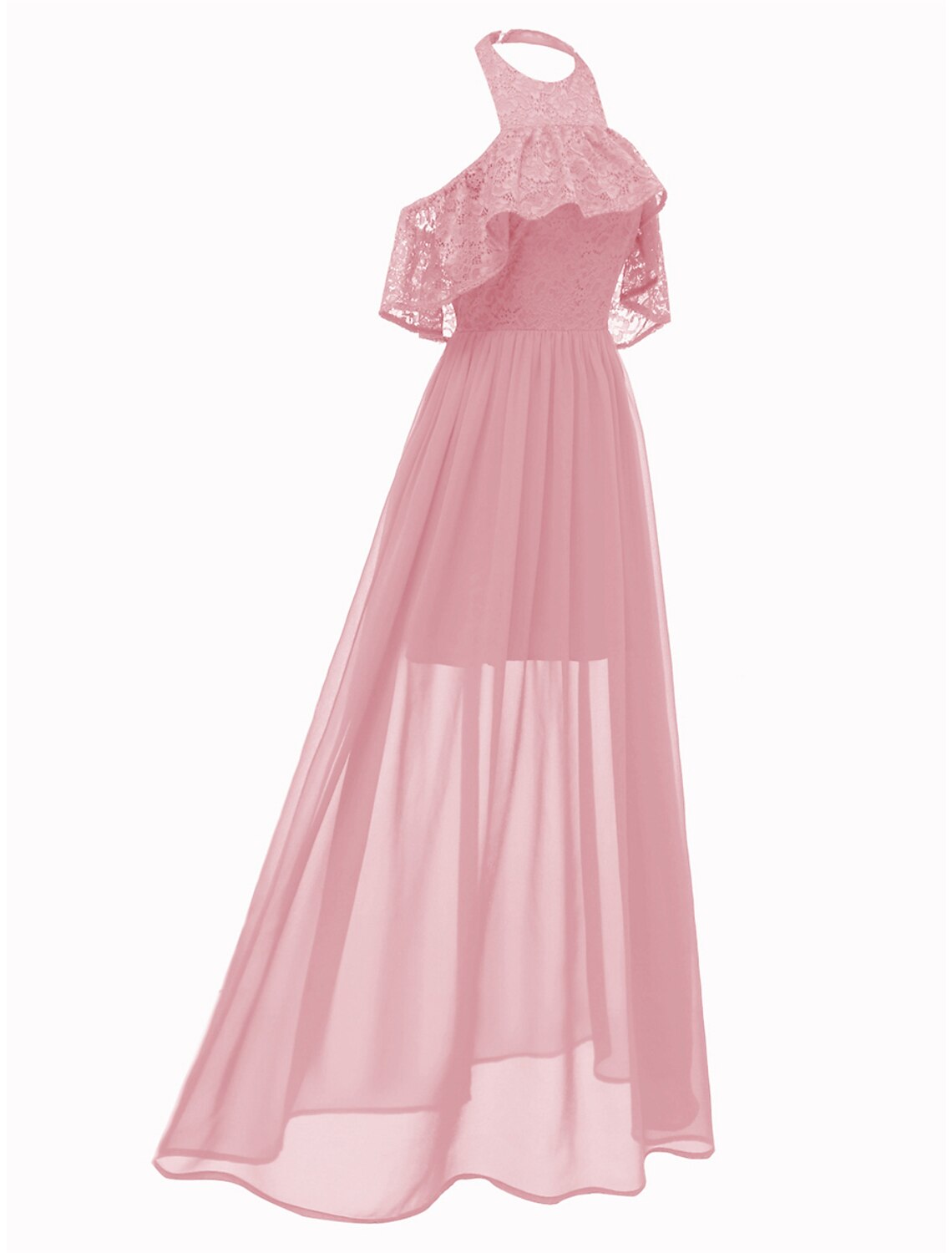 Women's Prom Dress Party Dress Lace Dress Long Dress Maxi Dress Pink Wine Navy Blue Short Sleeve Plain Lace Summer Spring Fall Halter Neck Elegant Wedding Guest Evening Party