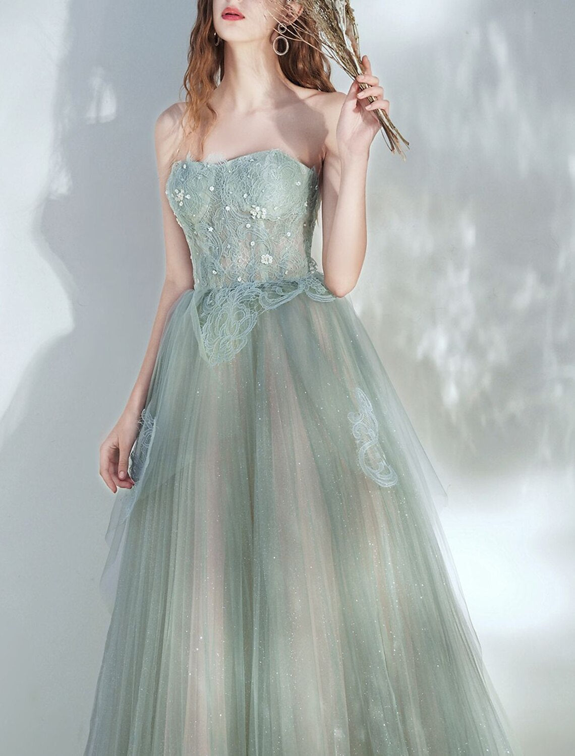 A-Line Party Dresses Glittering Dress Prom Birthday Floor Length Sleeveless Strapless Tulle with Glitter
