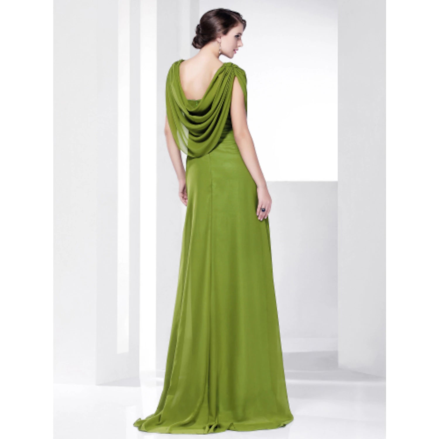 A-Line Celebrity Style Inspired Formal Evening Military Ball Dress Cowl Neck Short Sleeve Sweep / Brush Train Chiffon