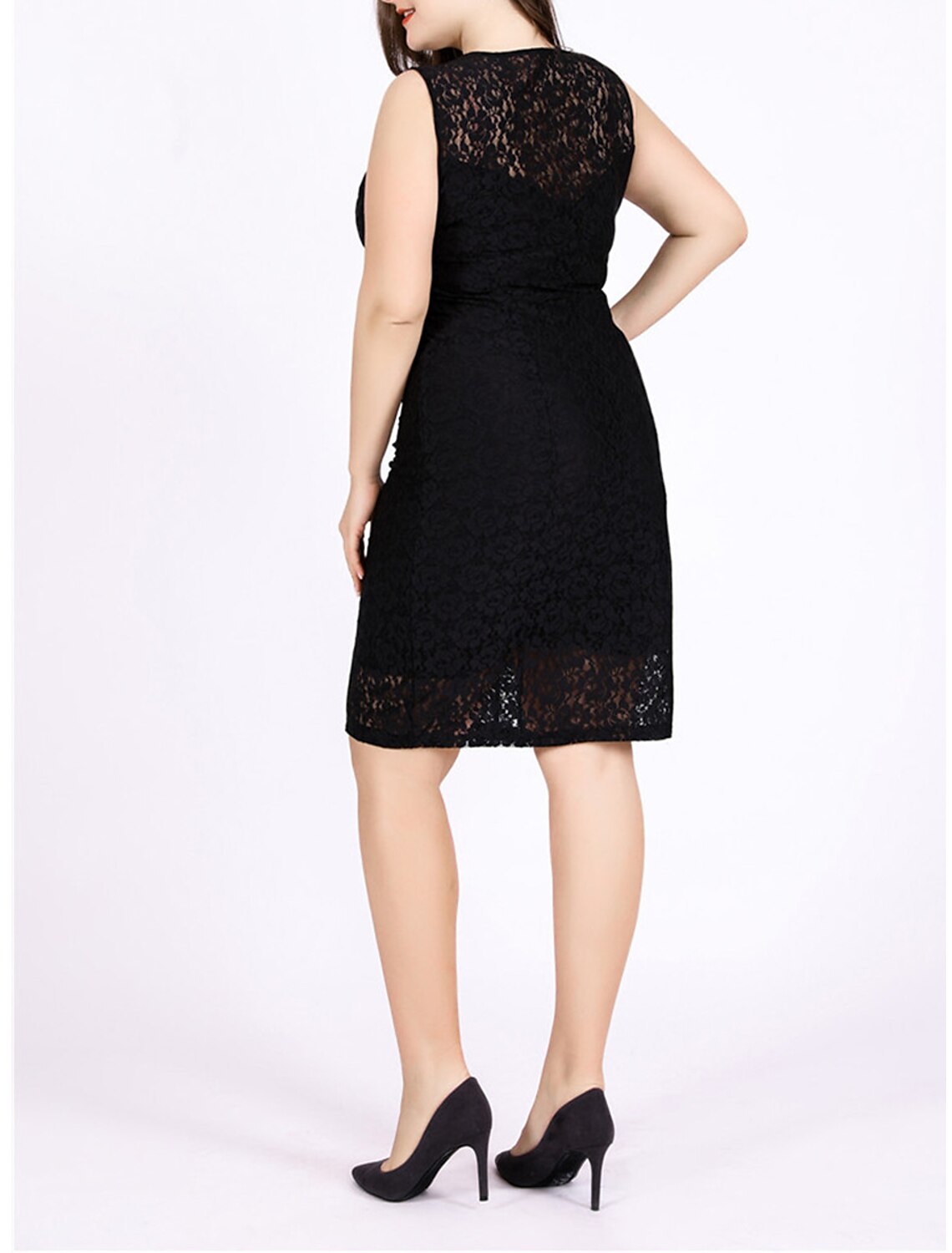 Women's Plus Size Curve Black Dress Party Dress Lace Dress Solid Color Mini Dress Sleeveless Lace Crew Neck Elegant Party Black Red Summer Spring
