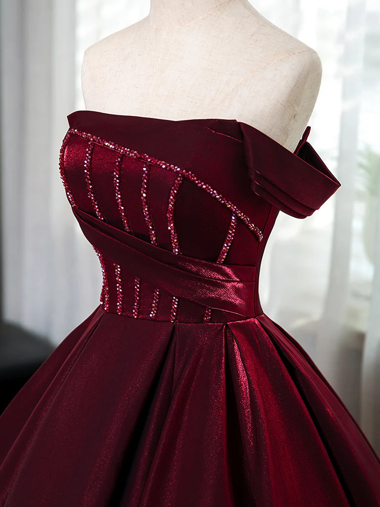 Buyishang A-Line off Shoulder Satin Burgundy Long Prom Dress Burgundy Evening Dress with Beads