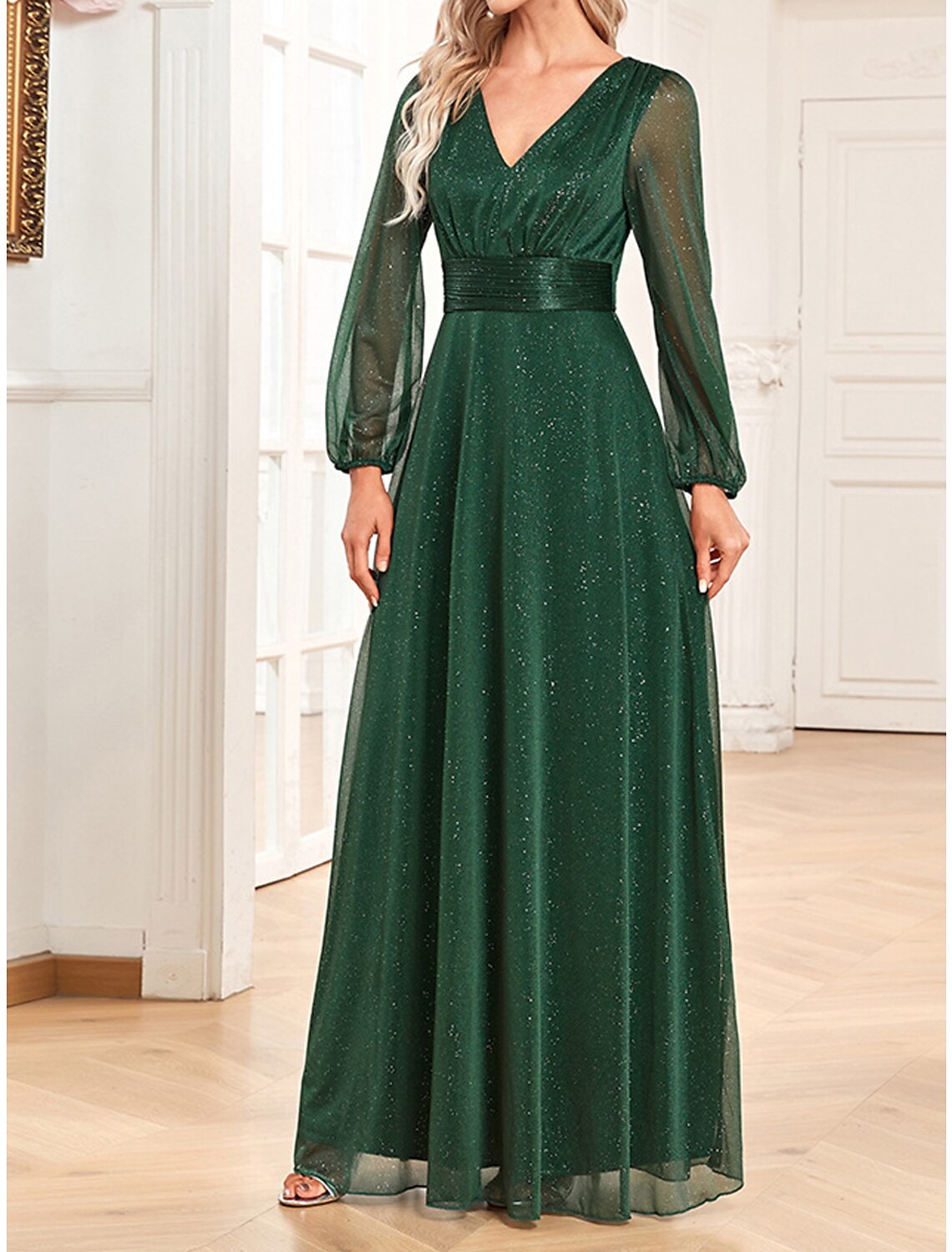 Women‘s Christmas Prom Dress Party Dress Wedding Guest Dress Long Dress Maxi Dress Dark Green Long Sleeve Pure Color Patchwork Fall Winter Autumn V Neck Fashion Birthday Evening Party Wedding Guest