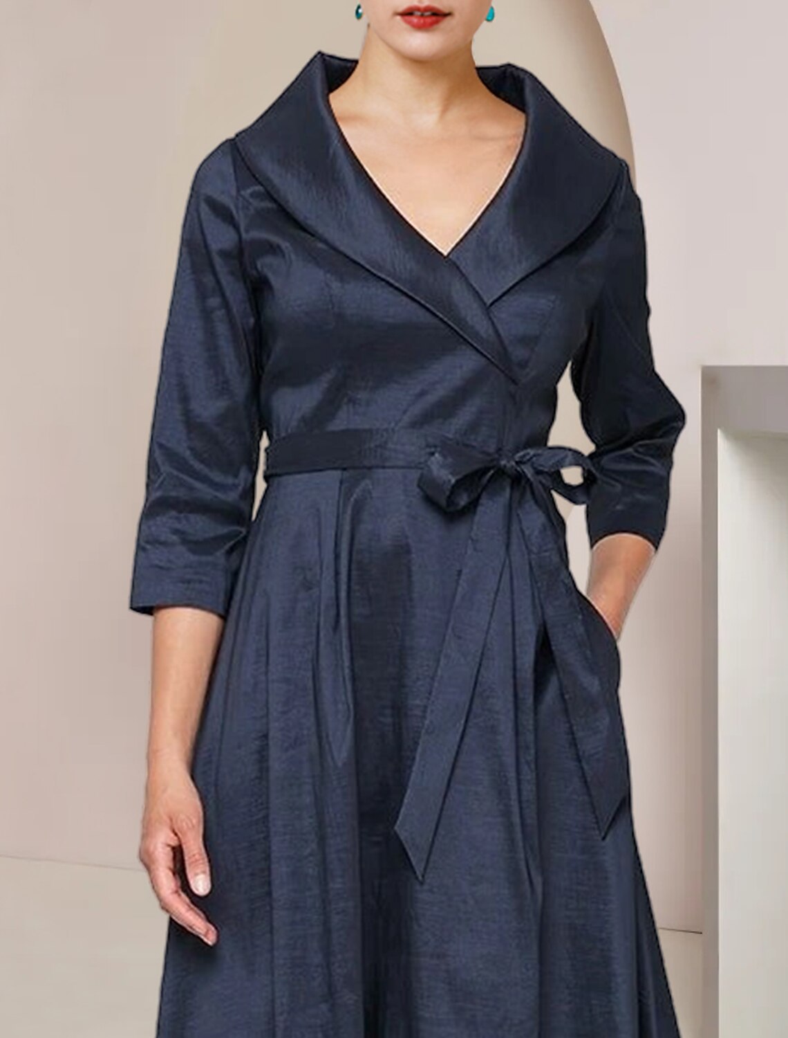 A-Line Mother of the Bride Dress Formal Wedding Guest Party Elegant Shirt Collar Asymmetrical Ankle Length Taffeta Short Sleeve with Bow(s)