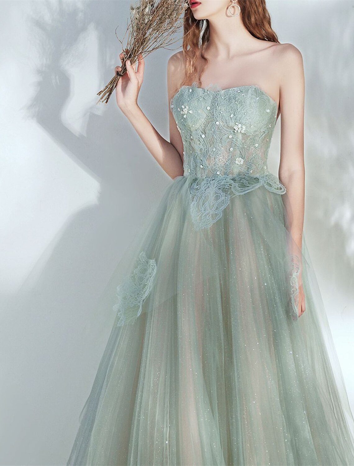 A-Line Party Dresses Glittering Dress Prom Birthday Floor Length Sleeveless Strapless Tulle with Glitter