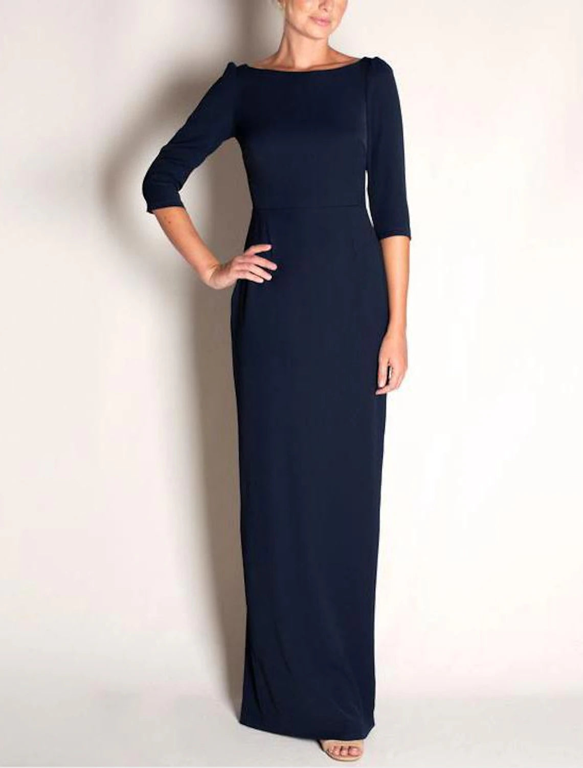 Sheath / Column Mother of the Bride Dress Vintage Sweet Jewel Neck Floor Length Polyester Stretch Chiffon 3/4 Length Sleeve with Ruching