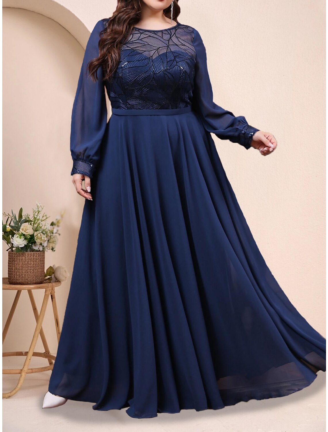 A-Line Plus Size Curve Mother of the Bride Dress Wedding Guest Plus Size Sparkle & Shine Jewel Neck Floor Length Chiffon Long Sleeve with Pleats Sequin