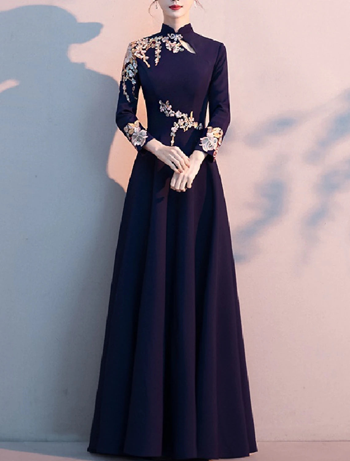 A-Line Mother of the Bride Dress Simple Elegant High Neck Floor Length Stretch Fabric Long Sleeve with Pleats Appliques