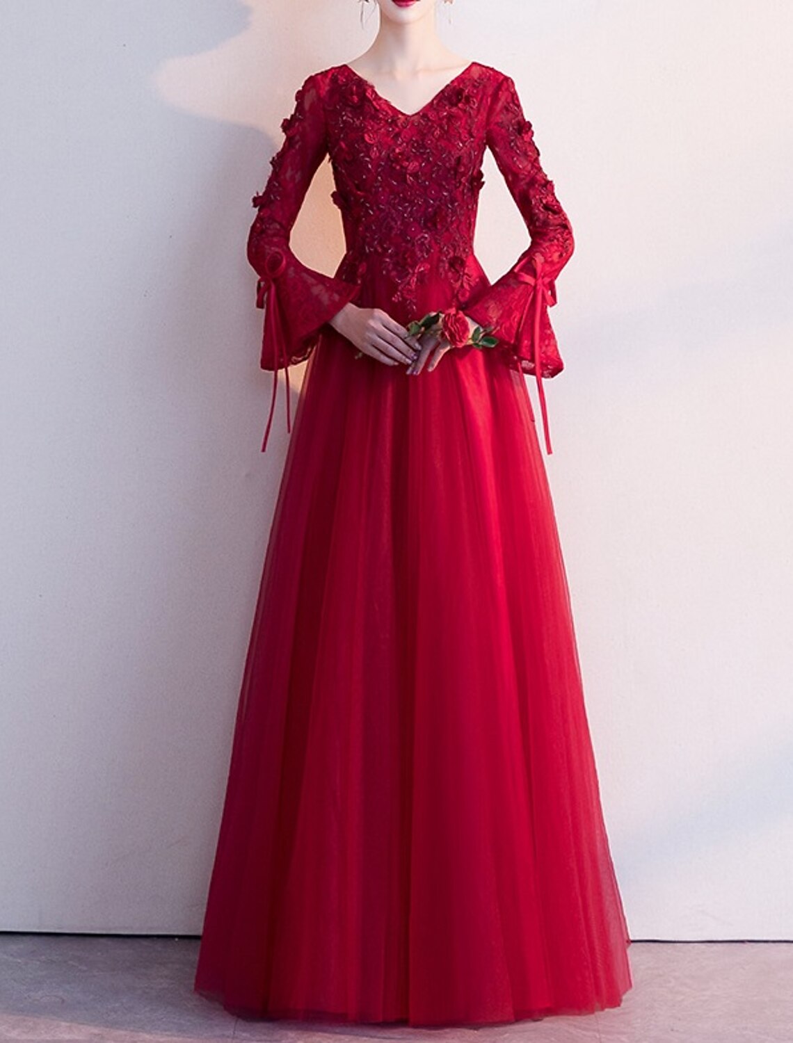 A-Line Prom Dresses Floral Dress Wedding Guest Formal Evening Floor Length Long Sleeve V Neck Lace with Bow(s) Appliques