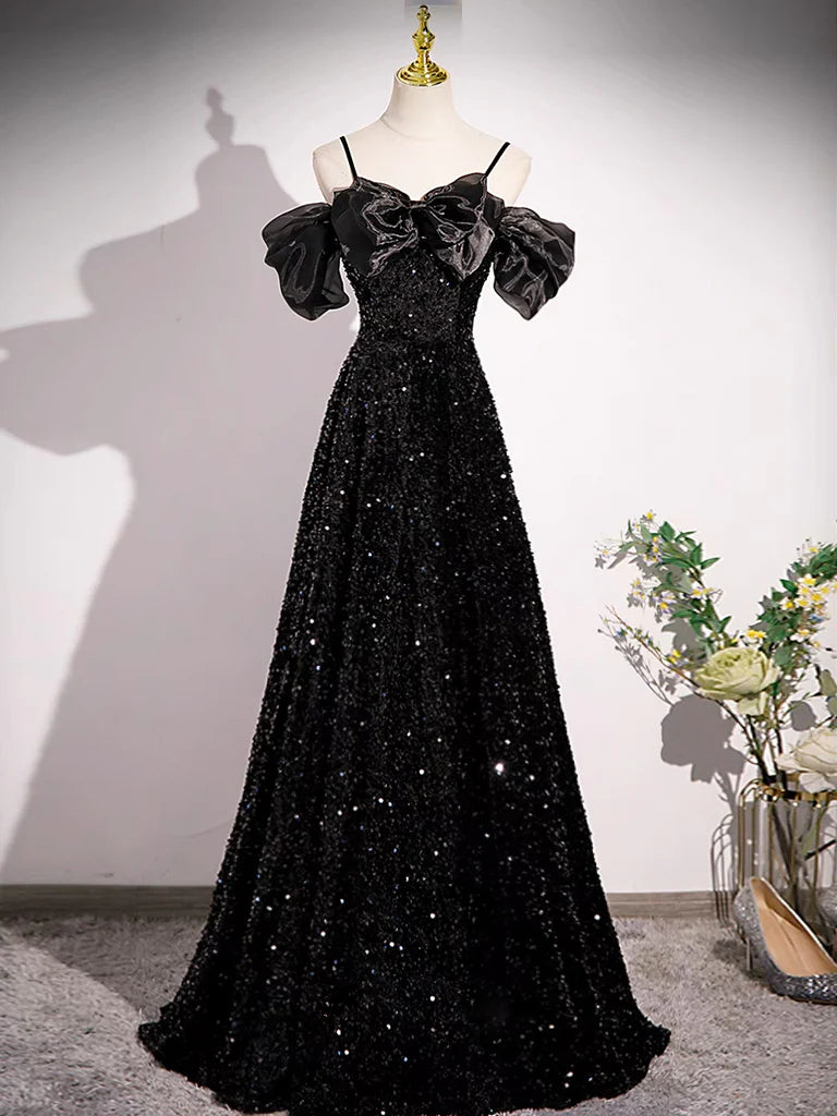Buyishang Black Off Shoulder Velvet Sequin Long Prom Dress Black Long Evening Dress