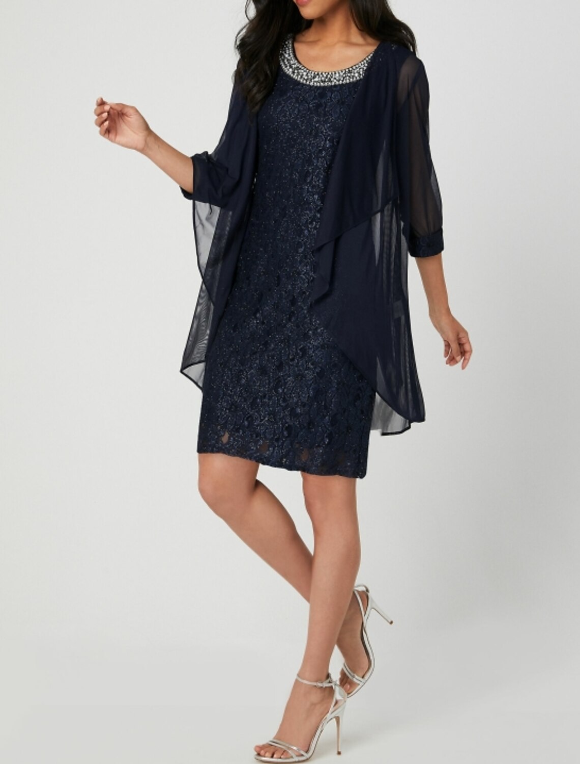 Two Piece Sheath / Column Mother of the Bride Dress Jewel Neck Knee Length Chiffon Half Sleeve Jacket Dresses with Lace Beading