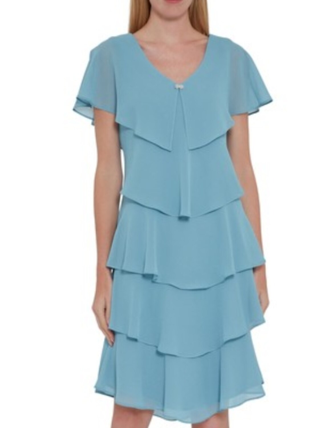 Sheath / Column Mother of the Bride Dress Elegant V Neck Knee Length Chiffon Short Sleeve with Cascading Ruffles