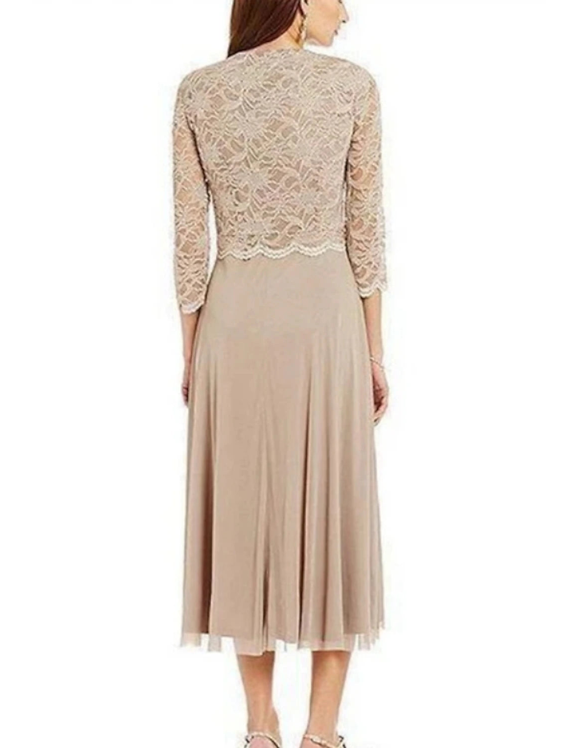 Sheath / Column Mother of the Bride Dress Elegant Jewel Neck Tea Length Chiffon Lace 3/4 Length Sleeve with Lace Sash / Ribbo