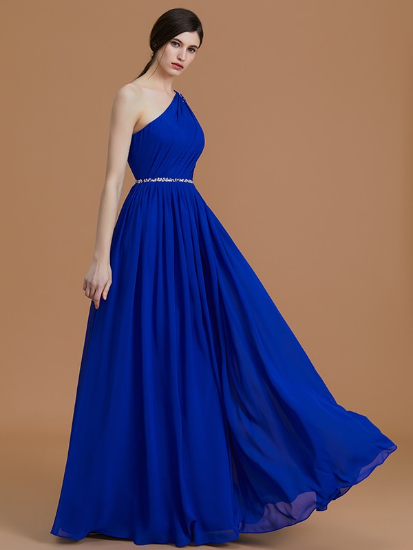 A-Line/Princess One-Shoulder Sleeveless Floor-Length Beading Chiffon Bridesmaid Dresses