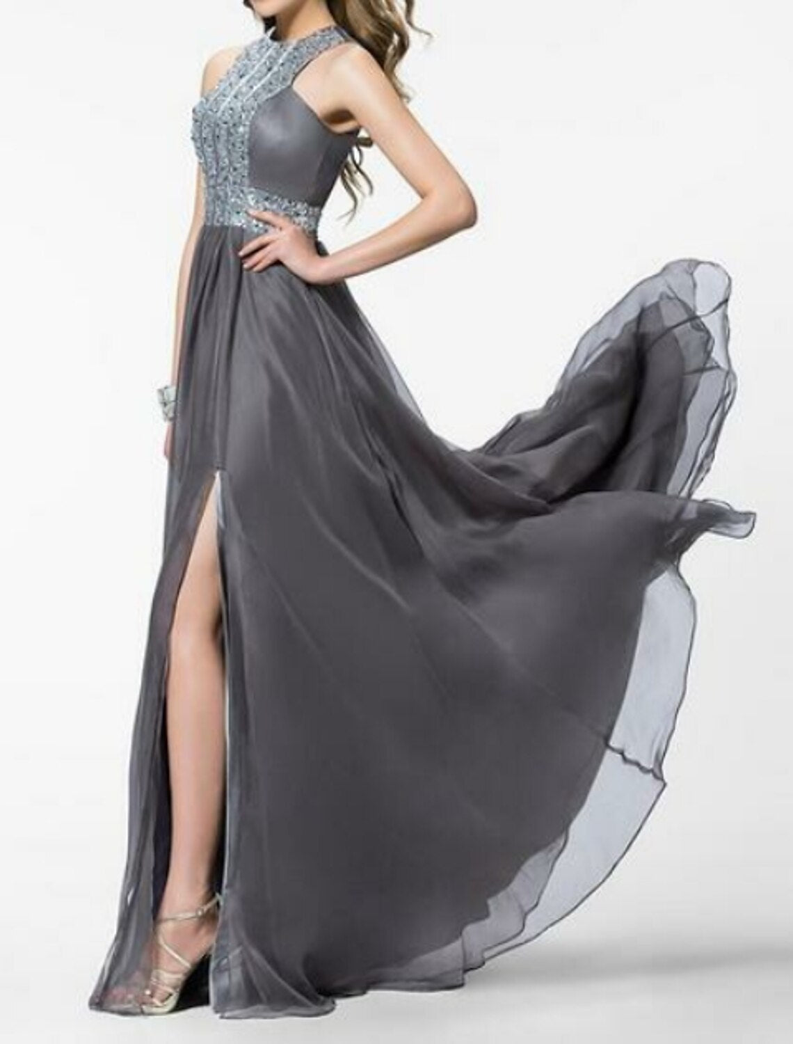 A-Line Empire Prom Formal Evening Dress Jewel Neck Sleeveless Sweep / Brush Train Chiffon with Crystals Split Front