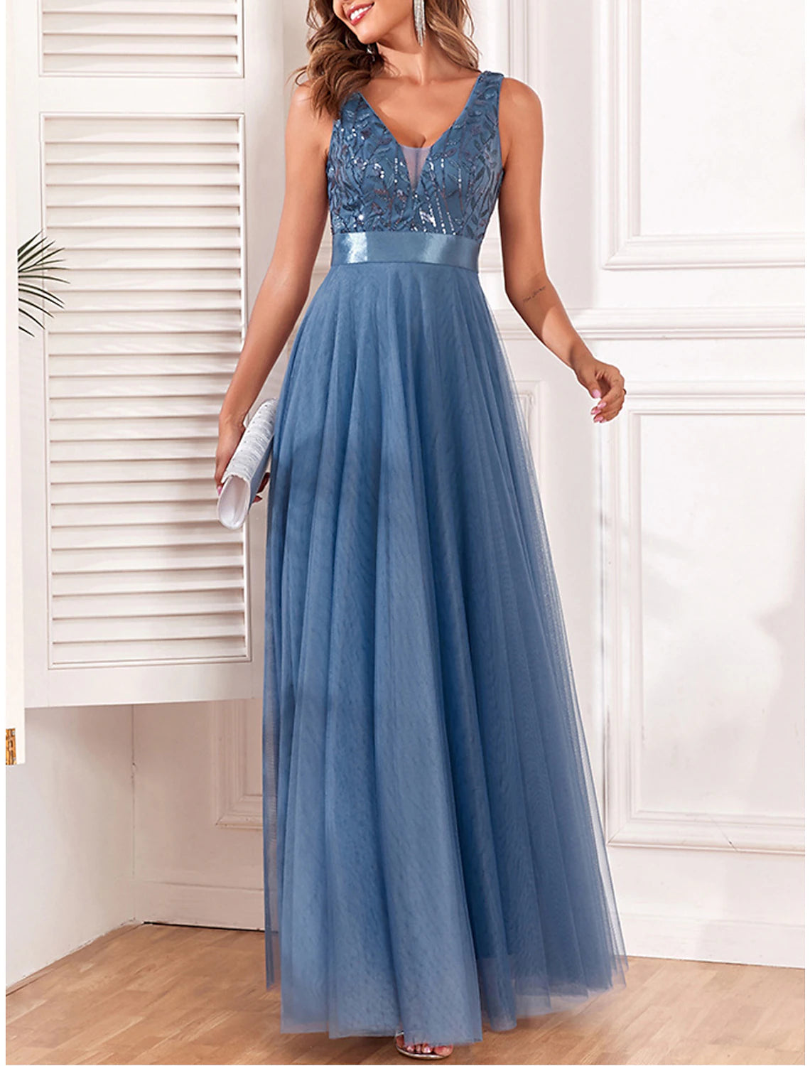 Women's Sequin Dress Prom Dress Party Dress Sparkly Dress Long Dress Maxi Dress Blue Sleeveless Sparkly Glitter Fall Winter V Neck Fashion Evening