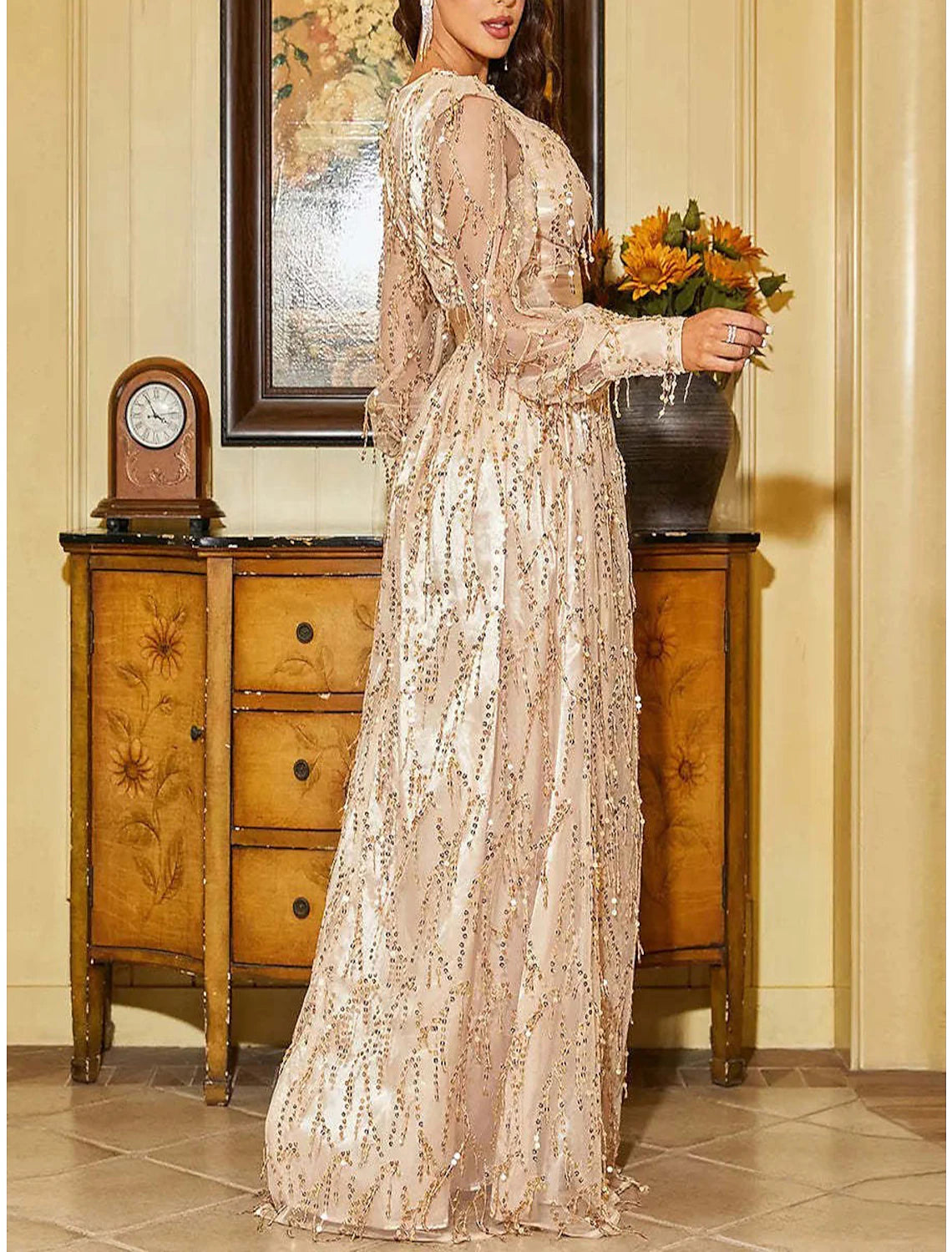 Women's Gold Sequin Dress Prom Dress Party Dress Sparkly Dress Black Dress Black Homecoming Dress Long Dress Maxi Dress Long Sleeve Fall Winter Deep V Modern Winter Dress Fall Dress