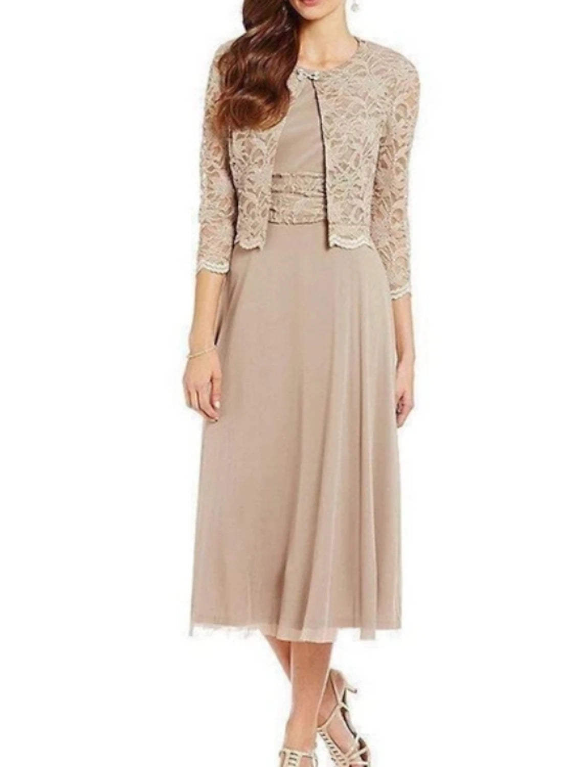 Sheath / Column Mother of the Bride Dress Elegant Jewel Neck Tea Length Chiffon Lace 3/4 Length Sleeve with Lace Sash / Ribbo