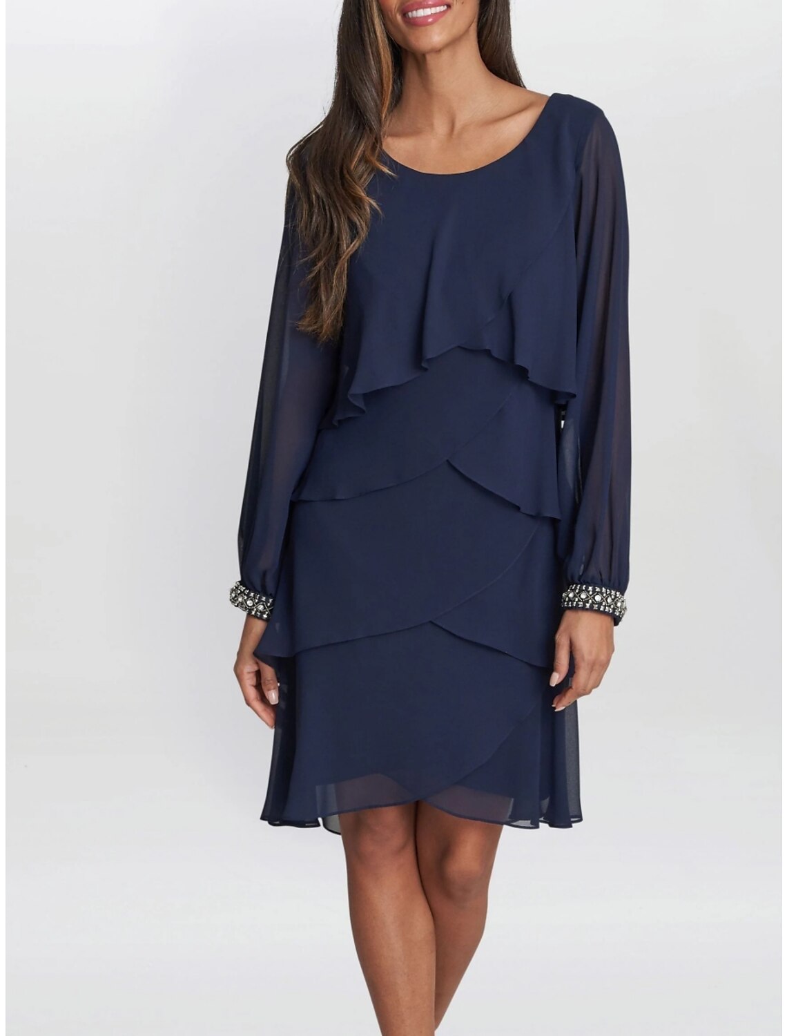 A-Line Mother of the Bride Dress Wedding Guest Elegant Petite Jewel Neck Short / Mini Chiffon Long Sleeve with Crystals Ruffles Tier