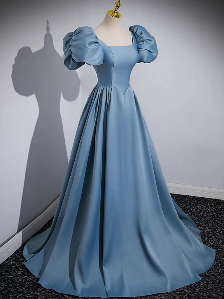 Buyishang A-Line Puff Sleeves Satin Blue Long Prom Dress Blue Long Formal Dress