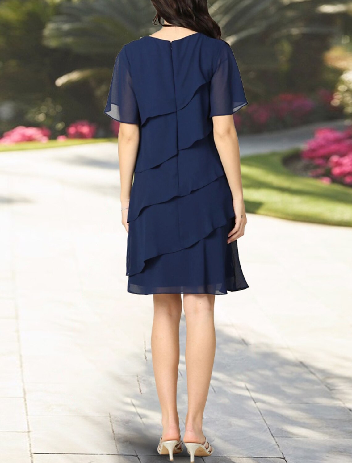 Sheath / Column Cocktail Dresses Minimalist Dress Formal Wedding Guest Knee Length Short Sleeve Jewel Neck Chiffon with Pleats Pure Color Tiered