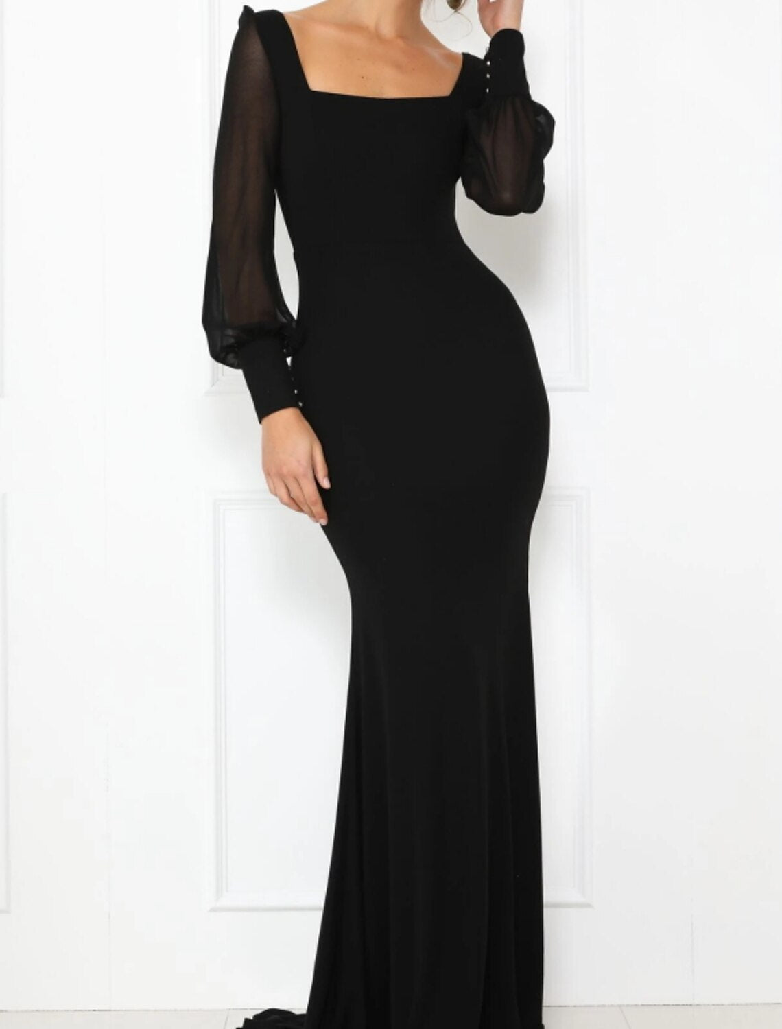 Mermaid / Trumpet Minimalist Elegant Wedding Guest Formal Evening Dress Scoop Neck Long Sleeve Court Train Stretch Satin with Sleek