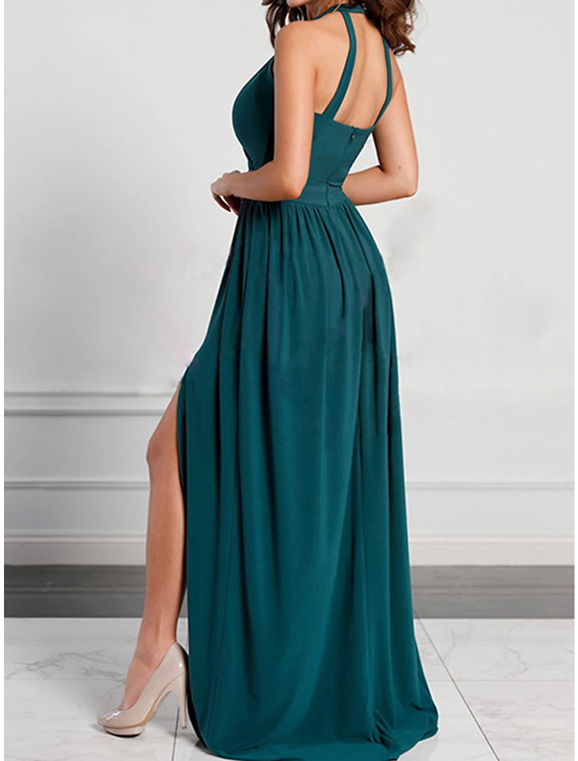 Women's Prom Dress Party Dress Wedding Guest Dress Long Dress Maxi Dress Pink Wine Green Sleeveless Plain Backless Summer Spring Fall Halter Neck Red Valentines Dress Valentine's Day Wedding Guest