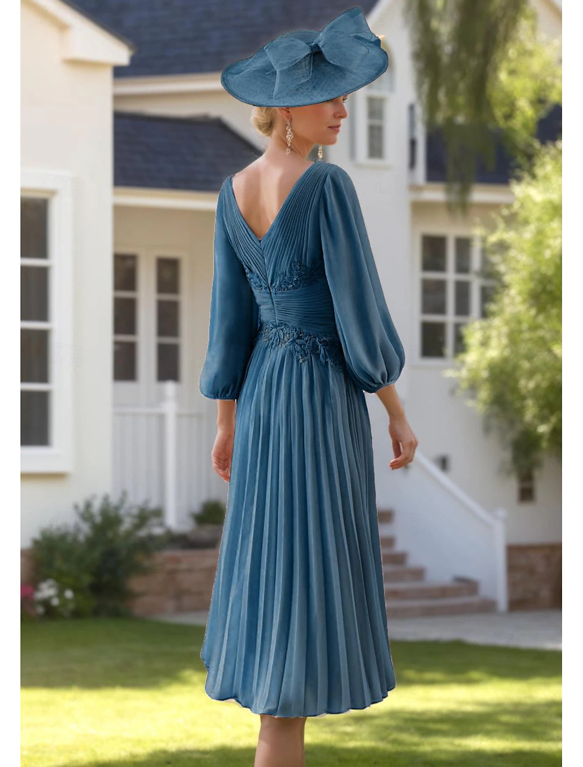 Buyishang A-Line Mother of the Bride Dress Formal Elegant V Neck Tea Length Chiffon 3/4 Length Sleeve with Lace Christmas Dress free custom size