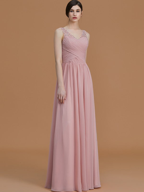 A-Line/Princess V-neck Sleeveless Floor-Length Beading Chiffon Bridesmaid Dresses