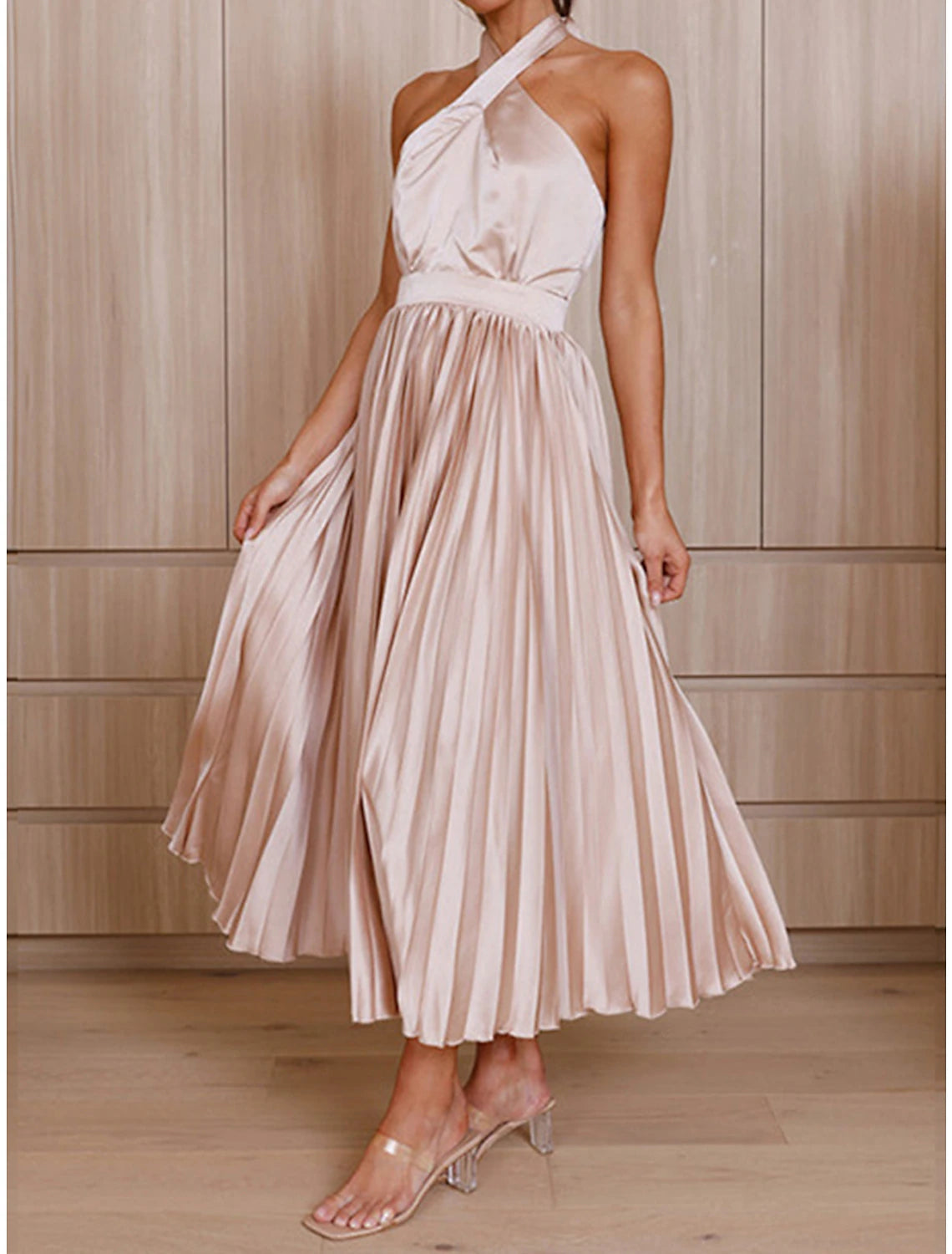 Women's Prom Dress Party Dress Wedding Guest Dress Long Dress Maxi Dress Black Pink Royal Blue Sleeveless Plain Pleated Summer Spring Fall Halter Neck Elegant Wedding Guest Birthday Evening Party