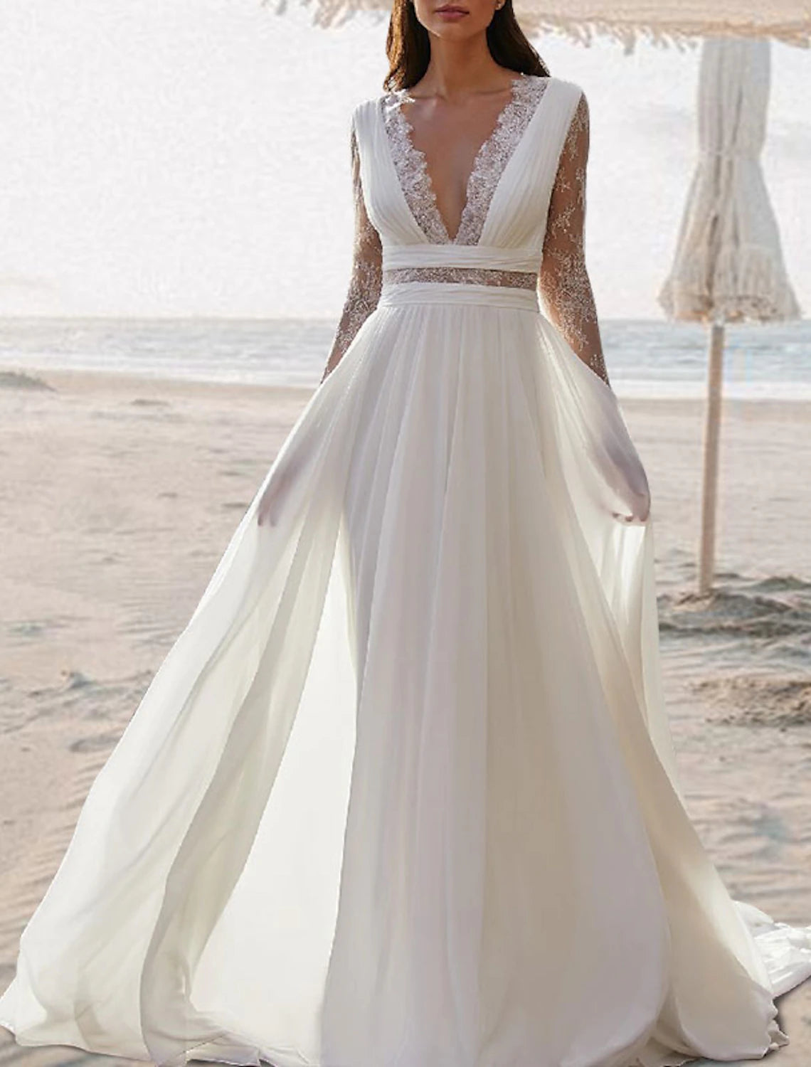 Buyishang Beach Open Back Boho Wedding Dresses A-Line V Neck Sleeveless Floor Length Chiffon Bridal Gowns With Pleats