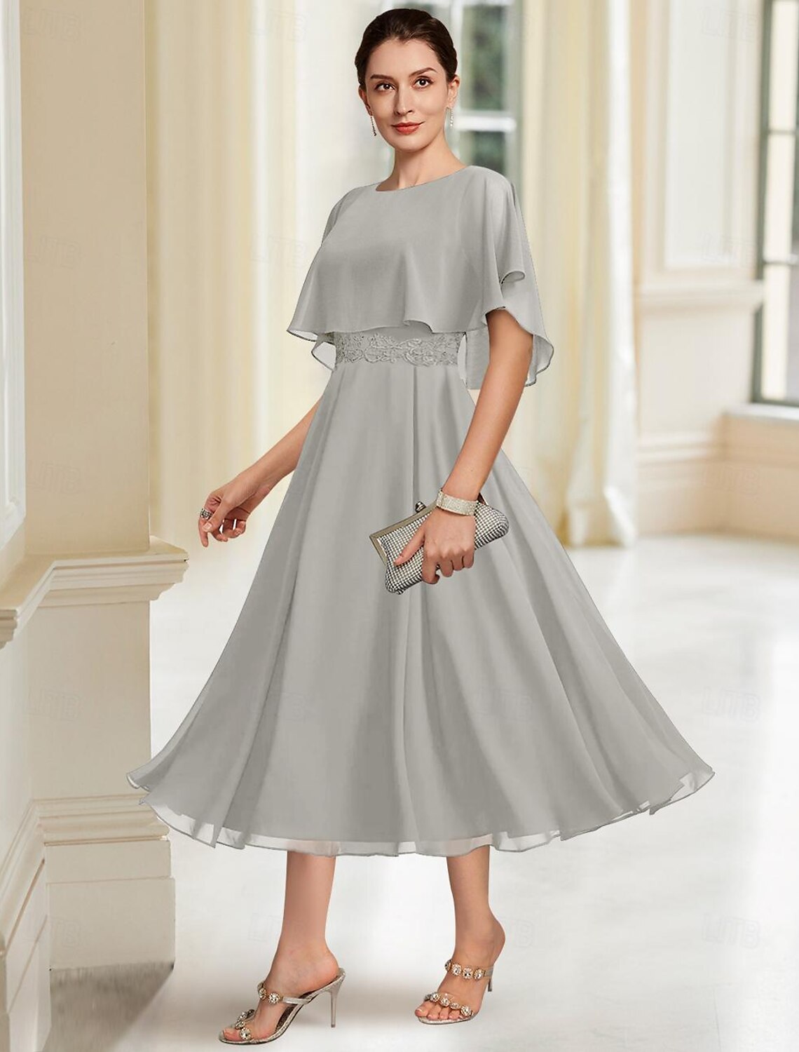 Buyishang A-Line Mother of the Bride Dress Elegant Jewel Neck Tea Length Chiffon Half Sleeve with Lace free custom size