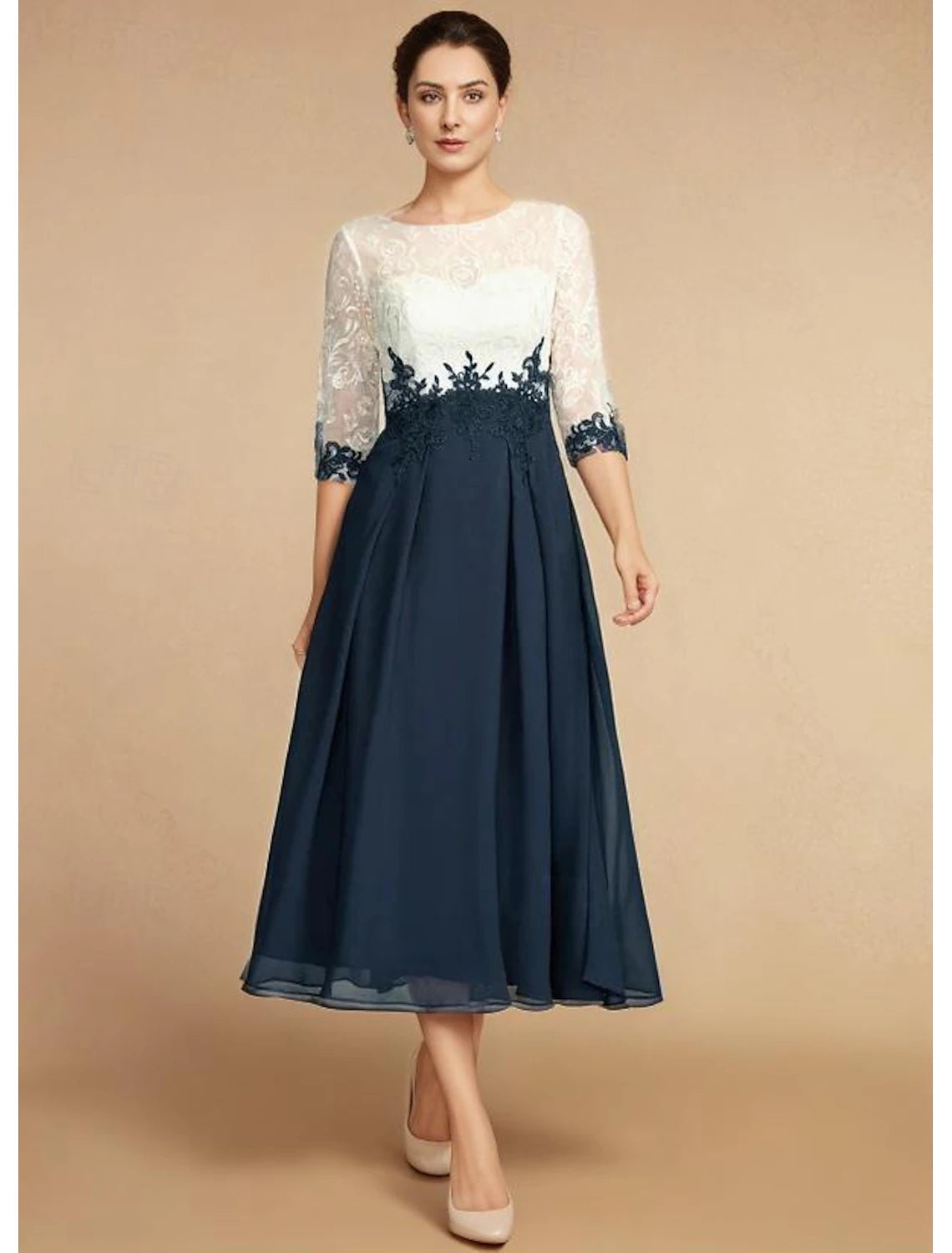 Buyishang A-Line Mother of the Bride Dress Wedding Guest Elegant Vintage Jewel Neck Tea Length Chiffon Lace Half Sleeve with Lace Appliques Color Block free custom size