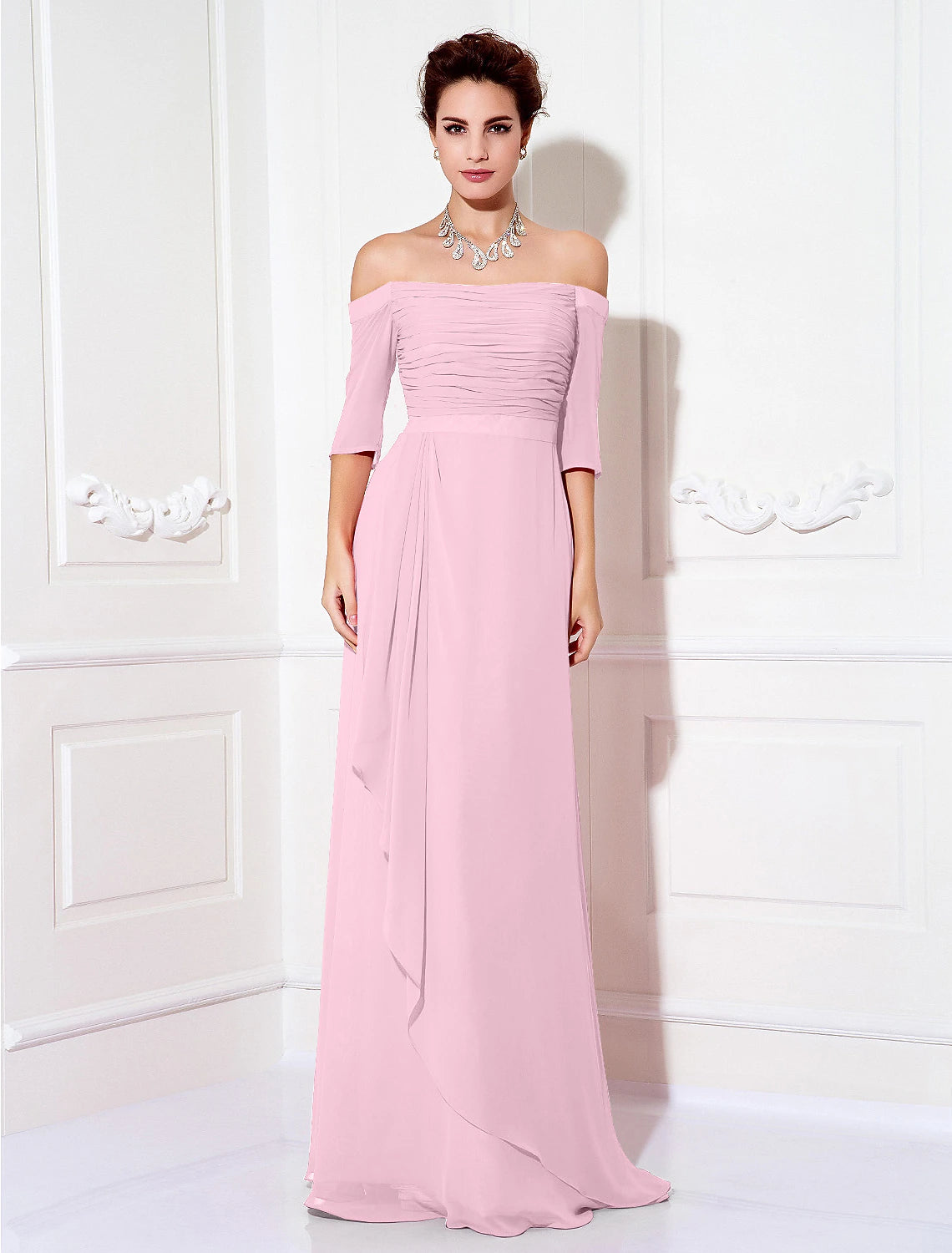 Sheath / Column Minimalist Dress Wedding Guest Formal Evening Sweep / Brush Train Half Sleeve Off Shoulder Bridesmaid Dress Chiffon with Ruched Draping