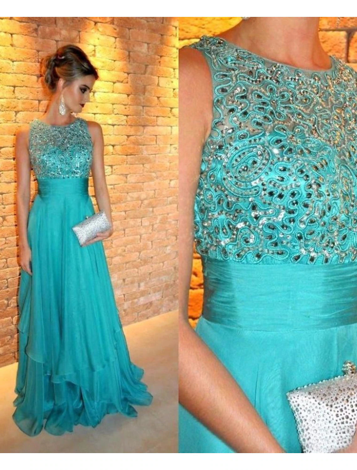 A-Line Evening Gown Elegant Dress Formal Wedding Guest Sweep / Brush Train Sleeveless Jewel Neck Chiffon with Rhinestone