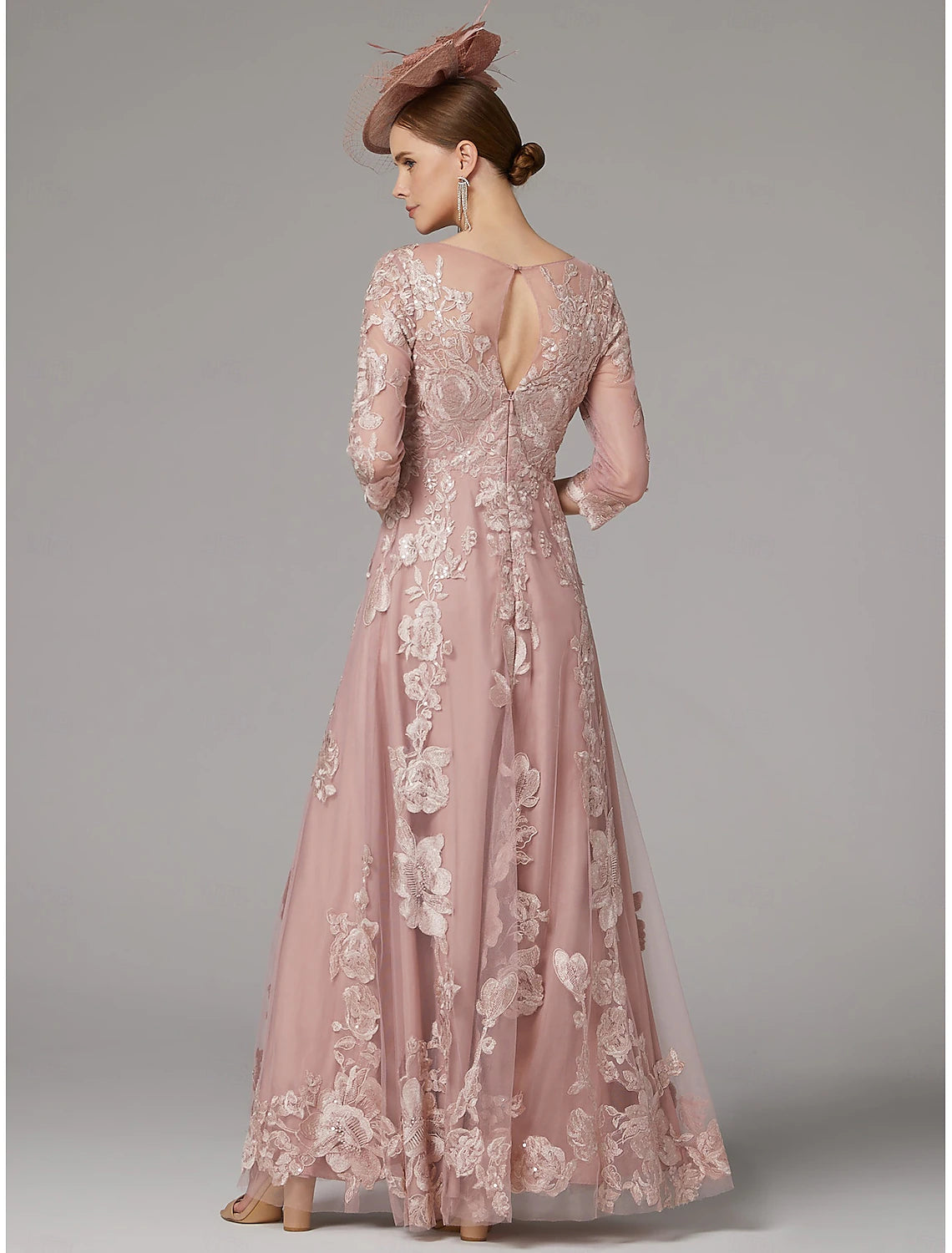 Buyishang A-Line Dress Mother of the Bride Dress Elegant Jewel Neck Floor Length Lace 3/4 Length Sleeve with Lace Pleats Appliques